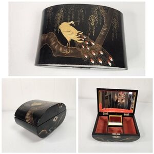 Vintage Lacquer Peacock Red Velvet Musical Jewlery Box Mirror Japan 1970s 70s